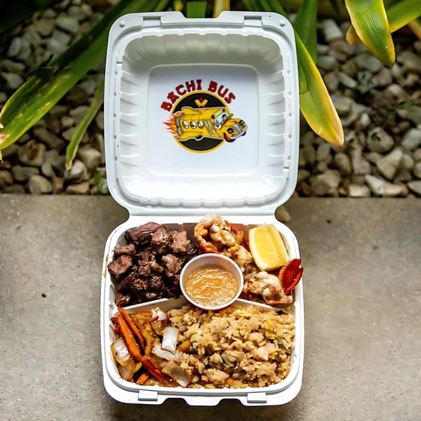 Hibachi Bus Stop takeout container with steak, shrimp, lobster, fried rice, vegetables, and sauce.