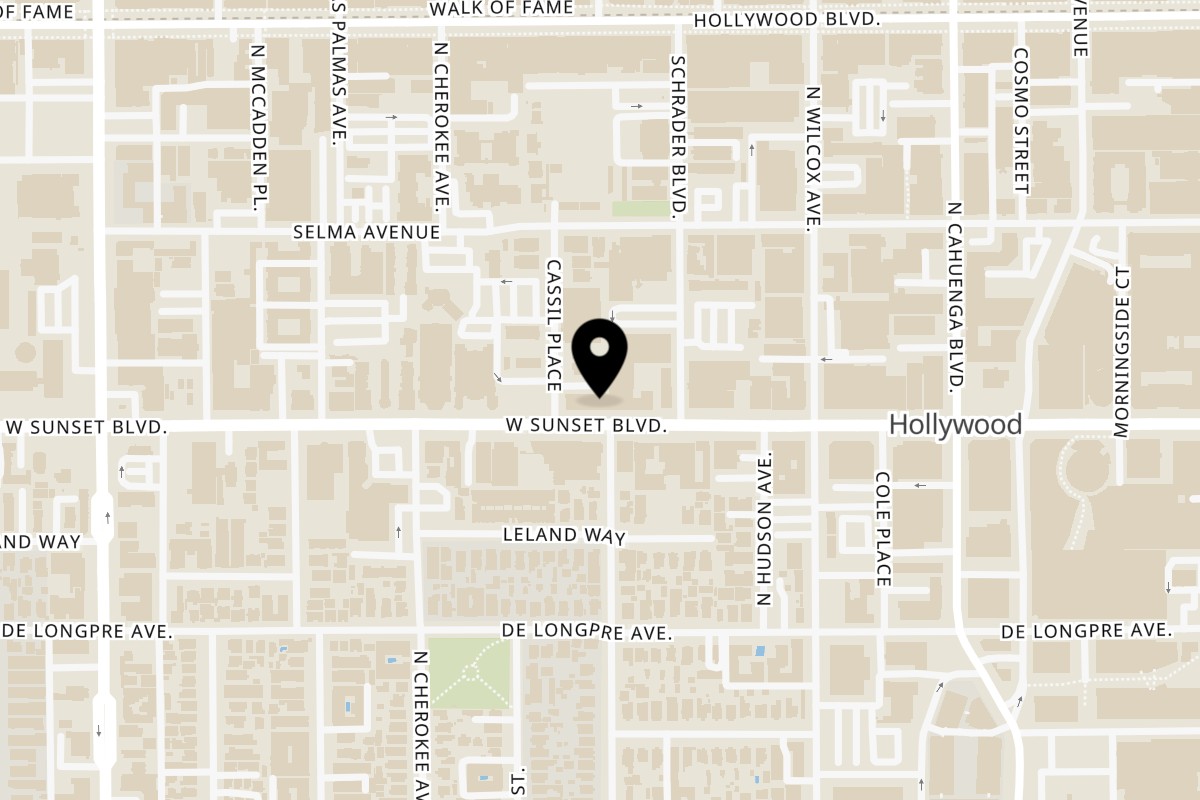 Map showing the location of Hibachi Bus Stop Sunset Blvd on 6601 Sunset Blvd in Hollywood